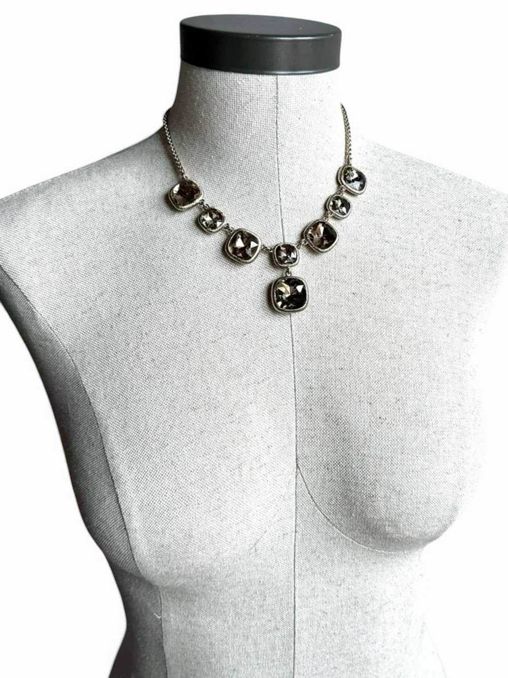 MONET Smoky Crystal Statement Necklace Gold Tone Signed Bib Designer